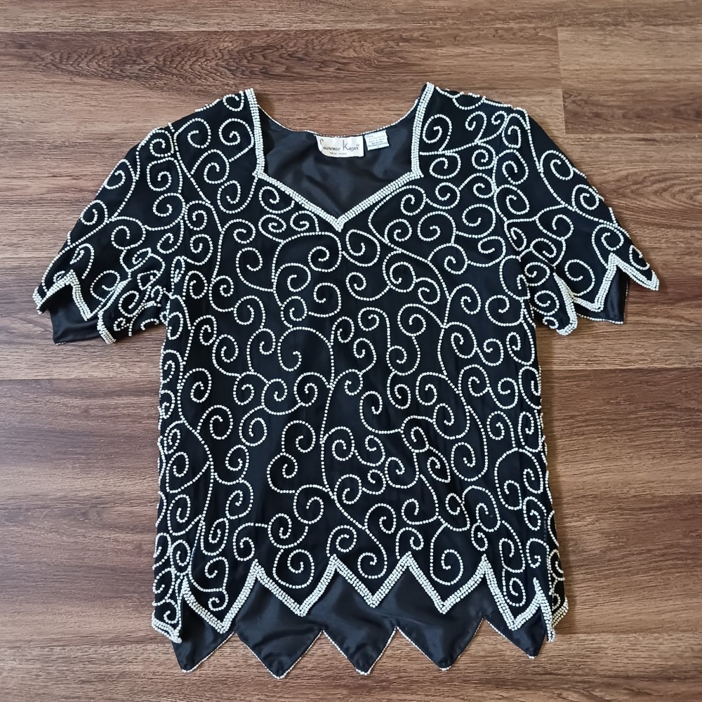 Laurence Kazar Vintage Silk Beaded Top Black White Pearl Scroll Evening Blouse S
